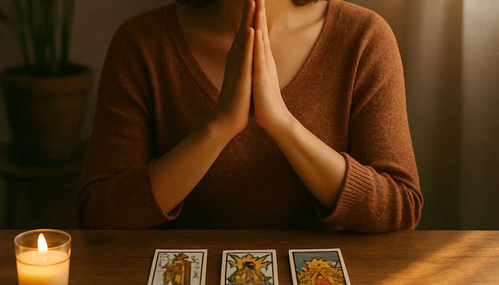 Personne en méditation devant un tirage de tarot, entourée de lumière douce, dans une atmosphère introspective