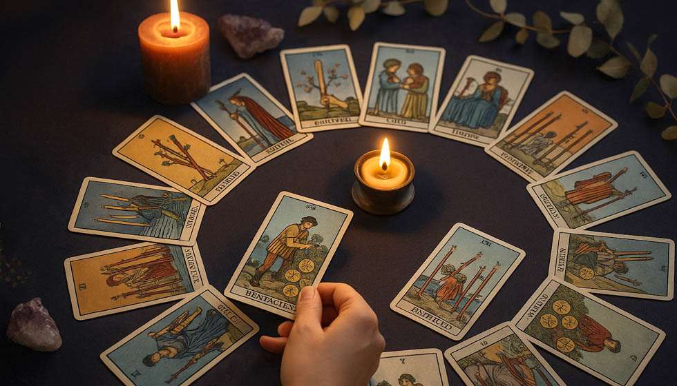 Main tirant une carte mineure dans un tirage de tarot en cercle avec ambiance spirituelle.