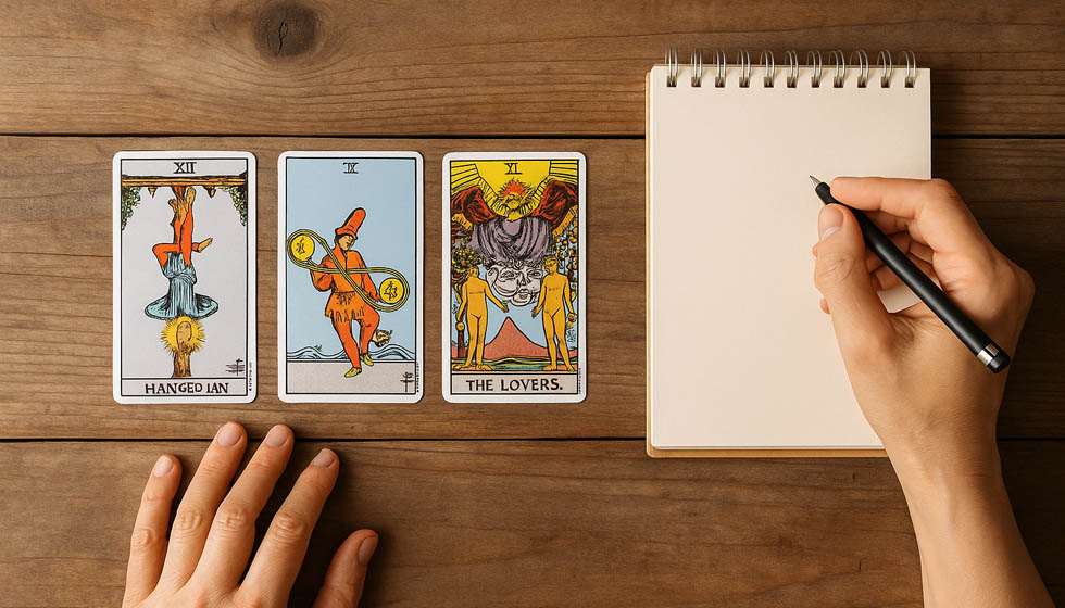 Tirage de tarot en trois cartes utilisé pour clarifier une décision personnelle ou professionnelle