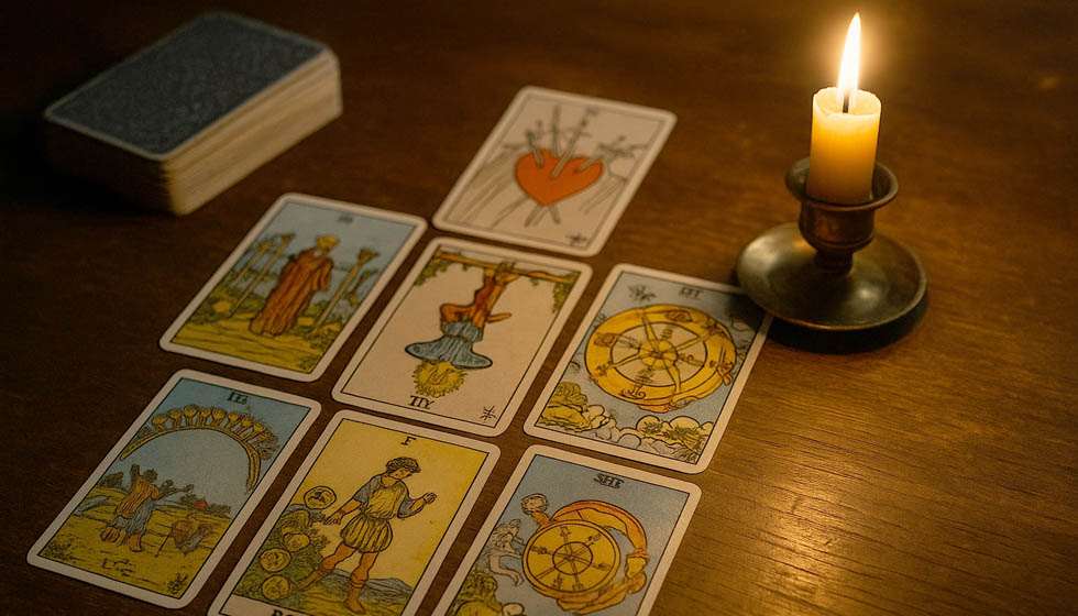 Plan rapproché d'un tirage de tarot en croix, posé sur une table, éclairé par une bougie.