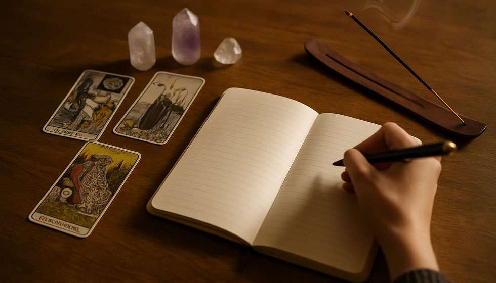 Trois cartes de tarot tirées sur une nappe étoilée, avec un carnet de notes à côté et un croissant de lune en arrière-plan
