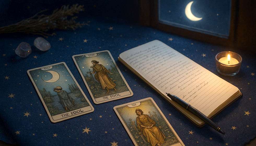 Trois cartes de tarot tirées sur une nappe étoilée, avec un carnet de notes à côté et un croissant de lune en arrière-plan.