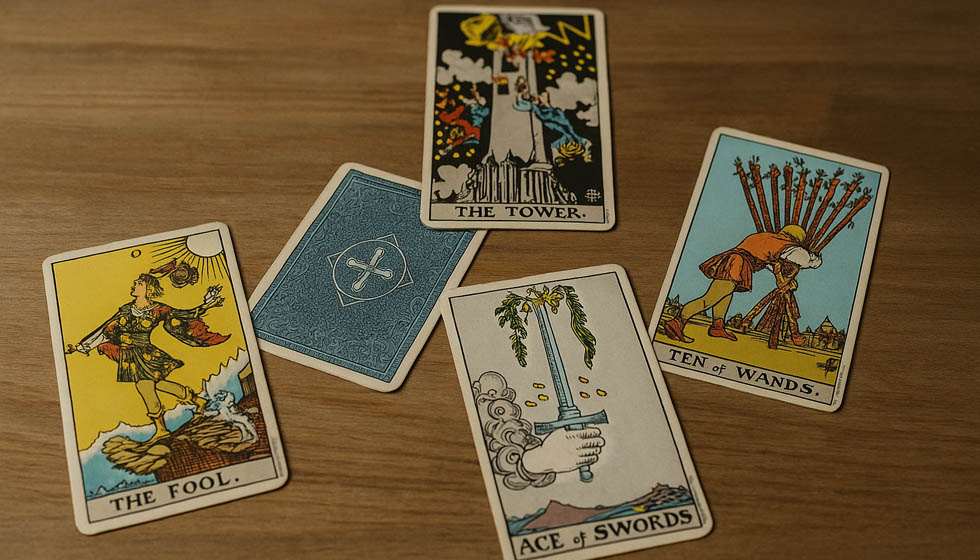 Cartes de tarot étalées sans structure, dans un silence contemplatif