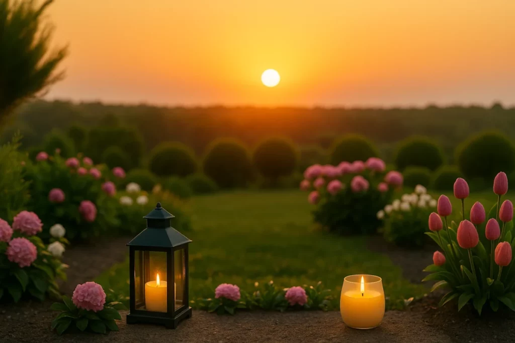 Serene garden at sunset symbolizing emotional balance and inner peace