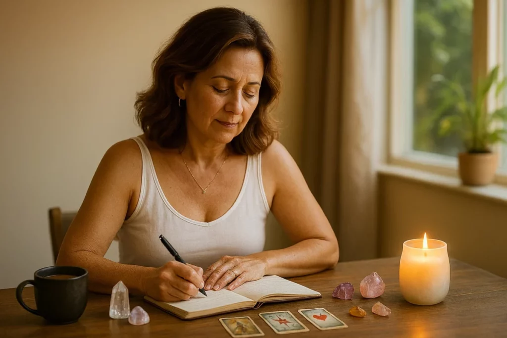 Woman journaling at a table with tarot cards, crystals, and a lit candle during daylight