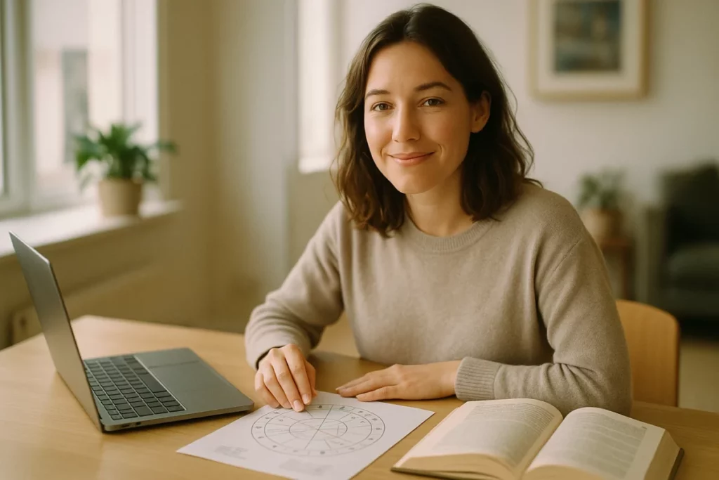 Woman using astrology chart and laptop at home to explore career opportunities