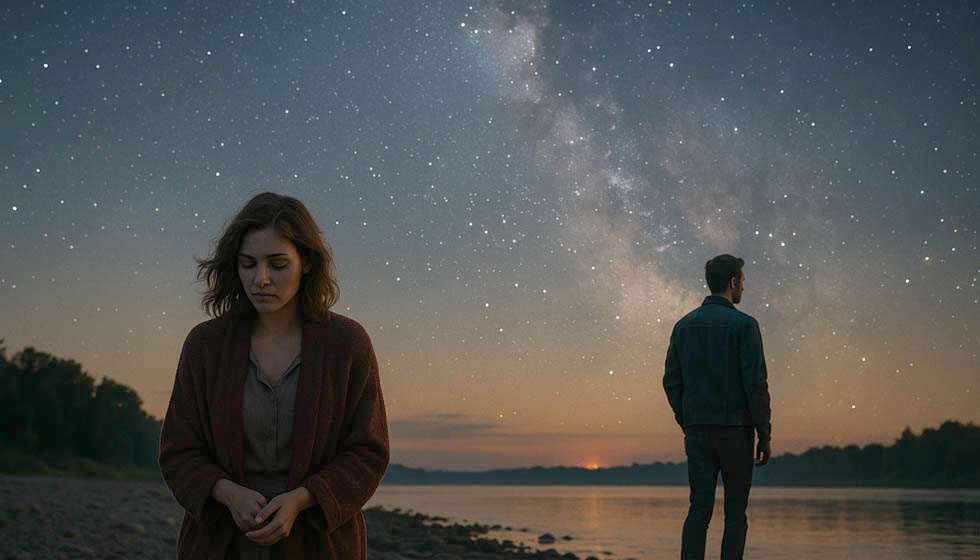 illustration d’un couple qui se sépare puis se retrouve sous un ciel étoilé