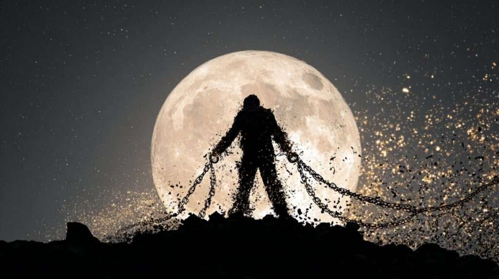 Silhouette of a person breaking chains under the bright full Sturgeon Moon, symbolizing liberation and transformation