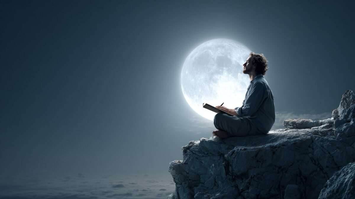 Man sitting on a rocky cliff at night, journaling under the bright full Sturgeon Moon