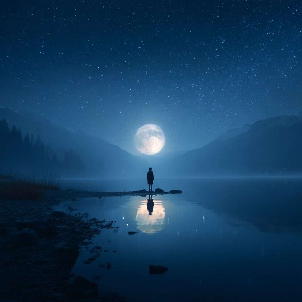 Person standing by a calm lake at night, gazing at the full Sturgeon Moon reflected in the water