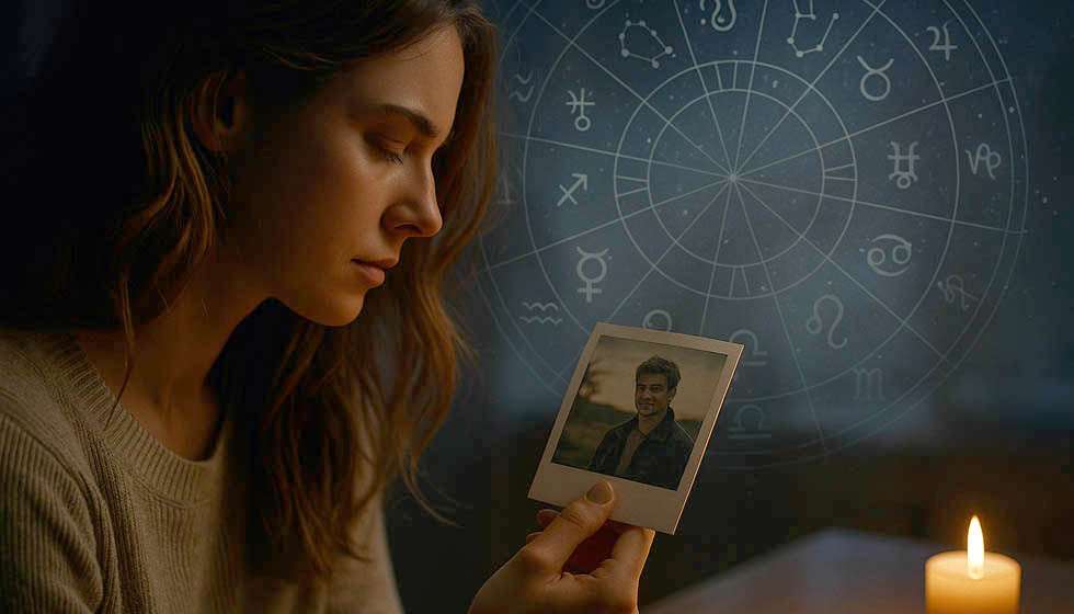 personnage regardant une ancienne photo d’un ex, superposée à une carte du ciel