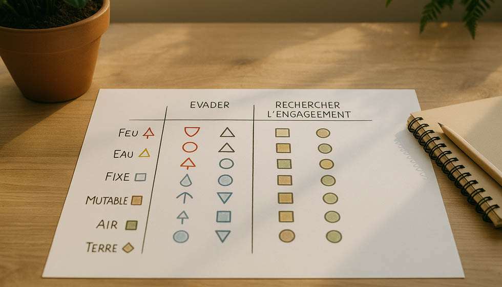 tableau illustrant quels signes sont enclins à fuir ou rechercher l’engagement, selon l’élément et la modalité