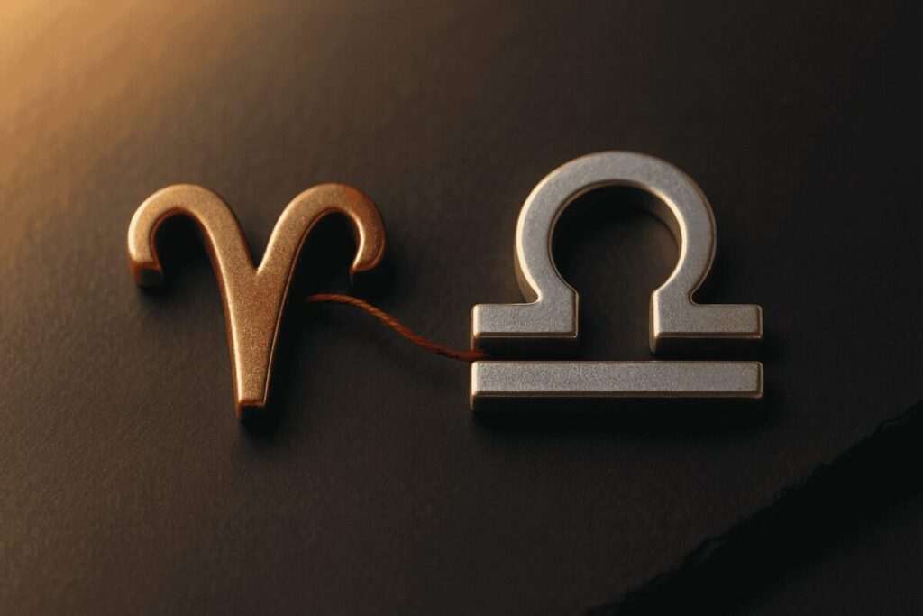 Aries and Libra zodiac symbols connected by red thread representing astrological friendship compatibility between fire and air signs. 