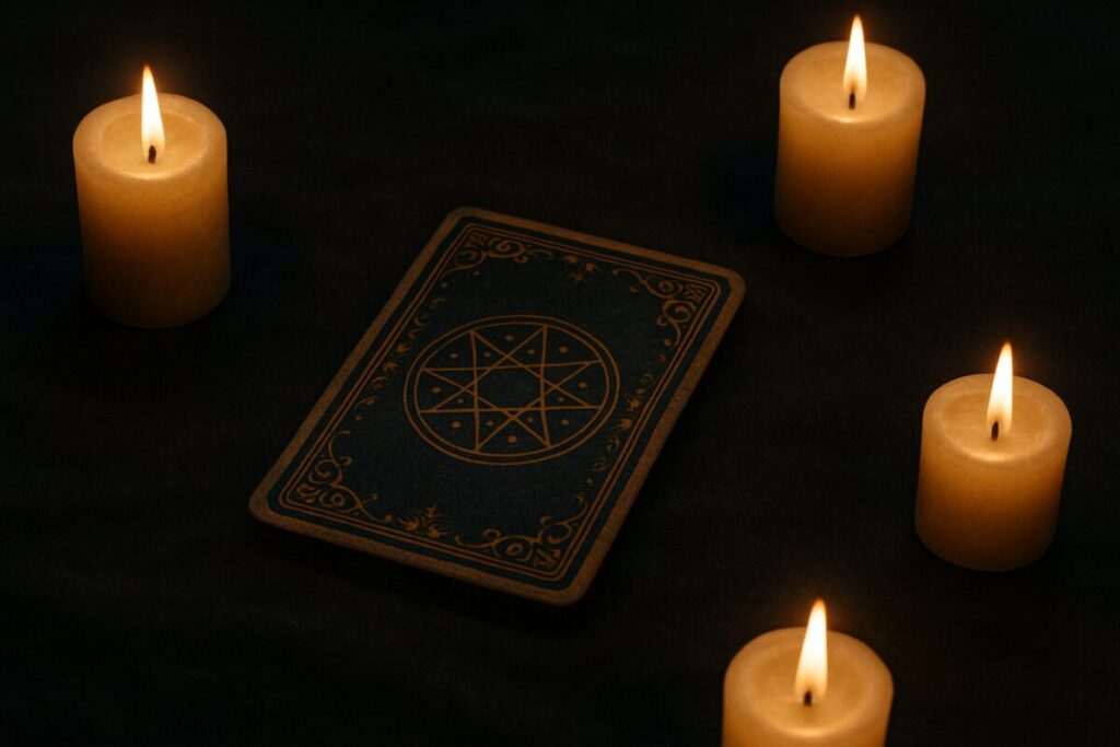 Tarot card face down on dark fabric surrounded by lit candles in a mystical and serene setting.