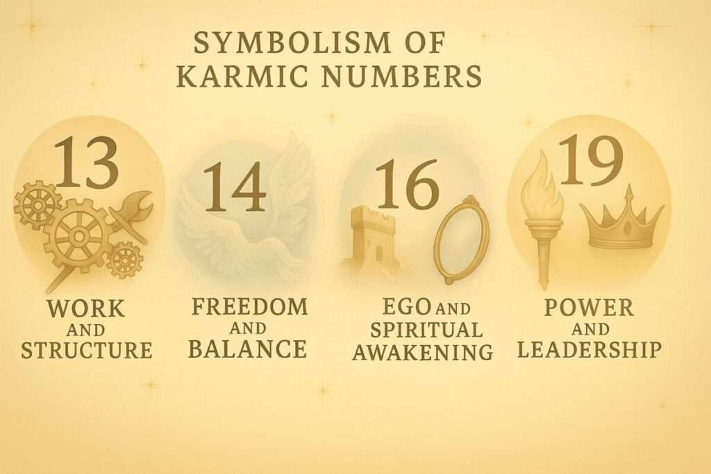Illustration showing the symbolism of karmic numbers 13, 14, 16, and 19 with visual icons and descriptions
