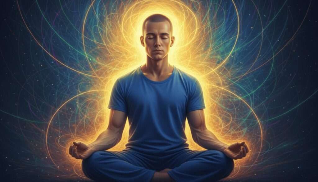 Man meditating with radiant energy field symbolizing magnetism and spiritual power