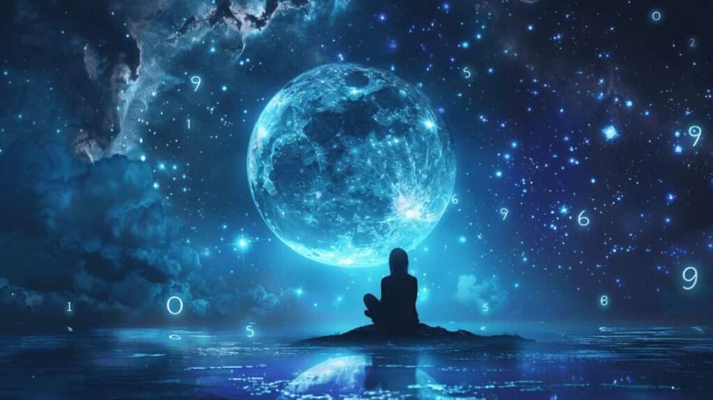 Person in silhouette meditating under a luminous full moon with glowing numerical symbols floating in a starry cosmic sky
