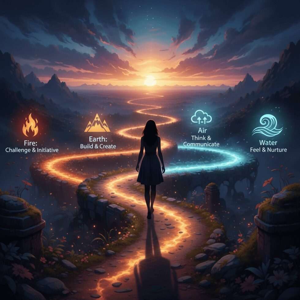 Silhouette walking along a glowing path symbolizing Fire, Earth, Air, and Water elements as career paths