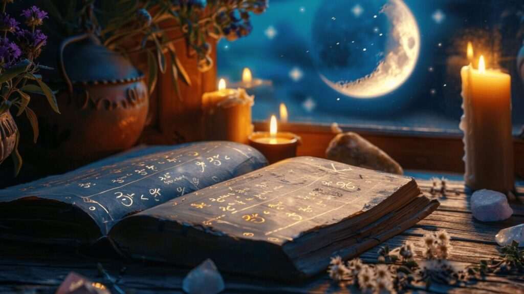Ancient numerology book with glowing symbols open on wooden table under crescent moon with candles and crystals
