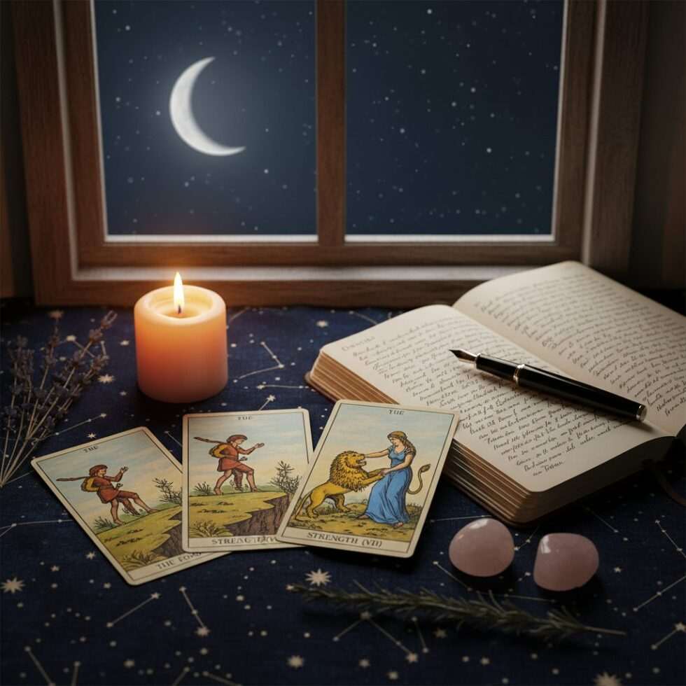 arot cards The Fool and Strength on starry cloth with candle, open journal, and crescent moon at the window