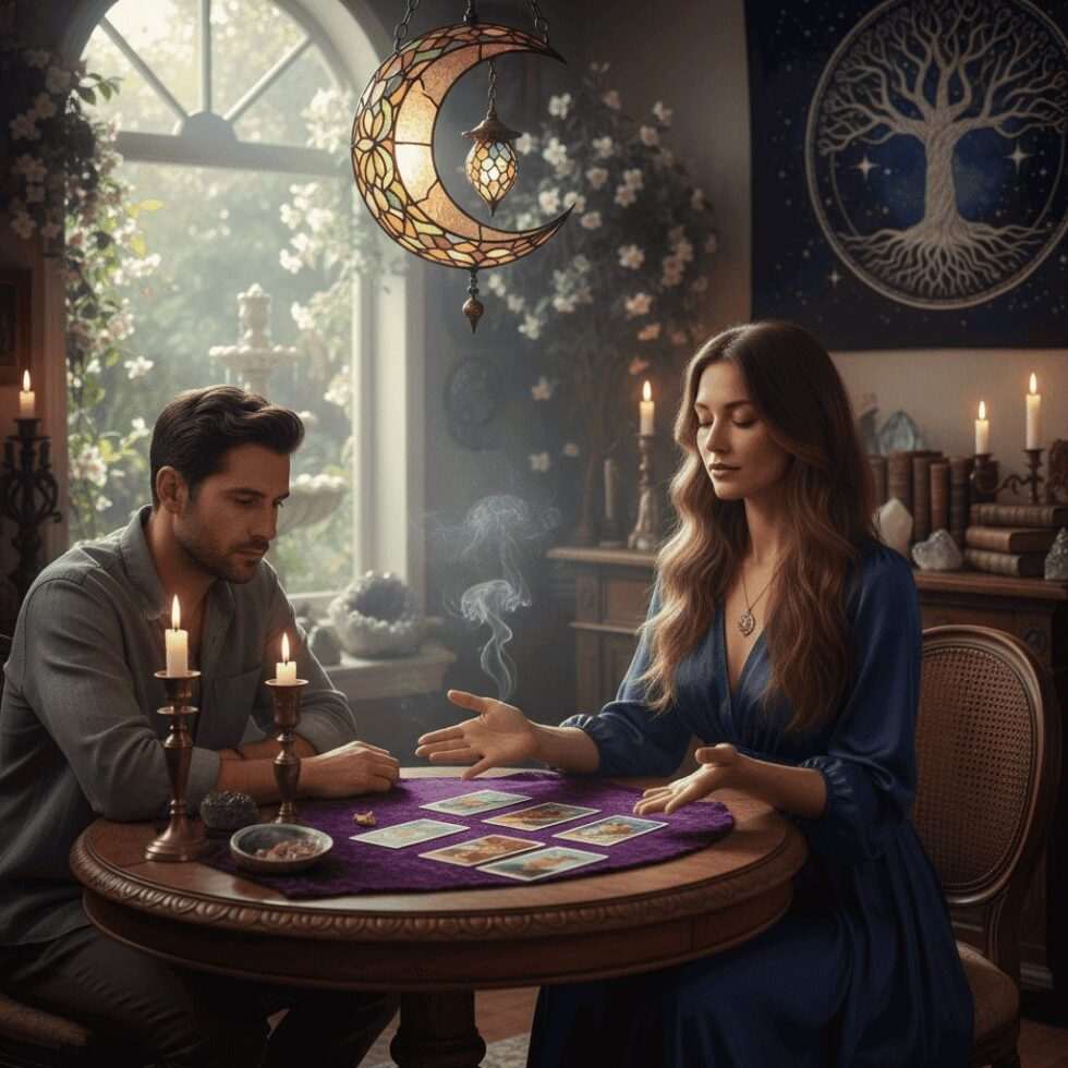 Professional psychic reader conducting an intimate tarot card session with a male client in a mystical candlelit room featuring spiritual decor, moon lamp, and tree of life artwork
