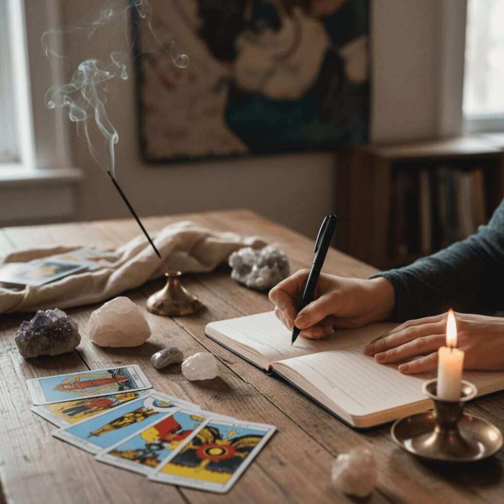Person writing in an open journal at a wooden table with spread tarot cards, healing crystals including amethyst and rose quartz, burning incense, and a lit candle in a brass holder, creating a peaceful spiritual workspace
