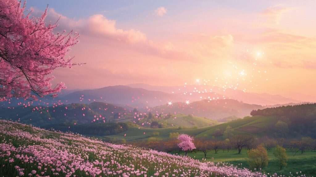 Mystical spring landscape with blooming cherry blossoms, rolling green hills, and ethereal light symbolizing spring energy in astrology