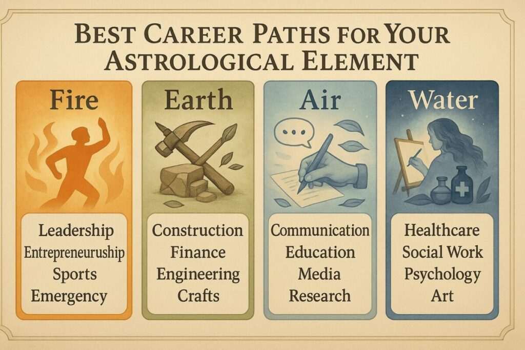 Modern infographic showing best career paths by astrological element. Fire: Leadership, Entrepreneurship, Sports, Emergency Services.