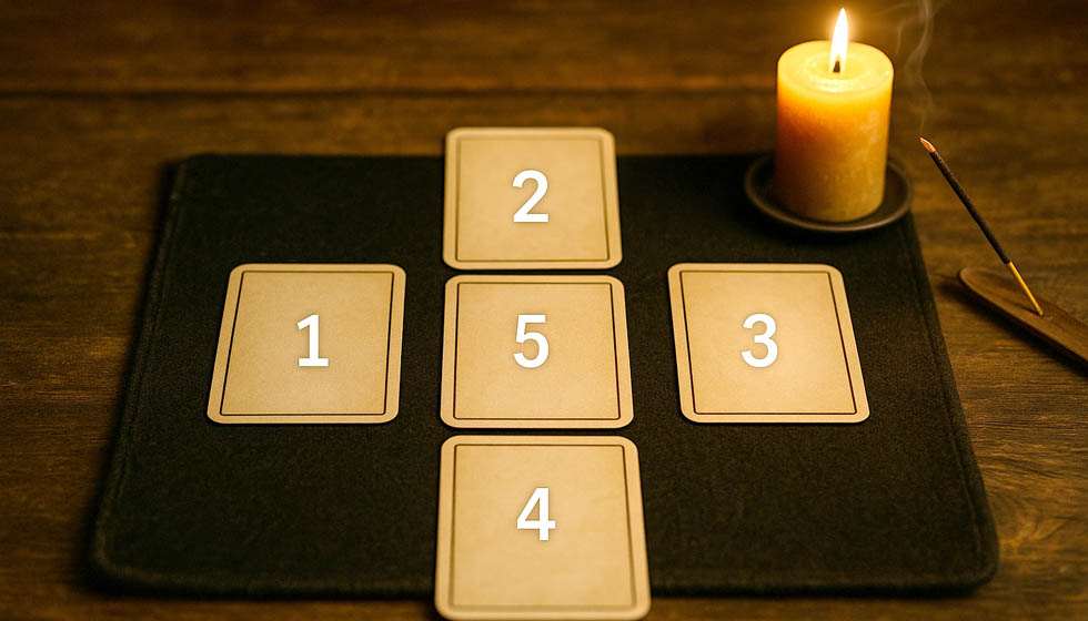 Tirage en croix de 5 cartes de tarot posées sur une table en bois, chaque carte numérotée pour indiquer sa position symbolique.