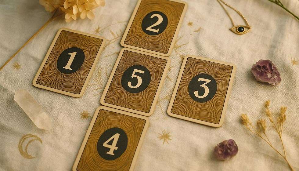 Vue pédagogique du tirage en croix avec 5 cartes posées sur une table, dans une ambiance mystique et spirituelle.