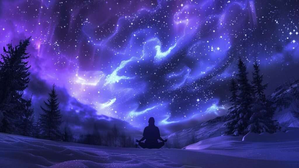 Silhouette of person meditating under starry winter sky with northern lights, representing winter introspection in astrology