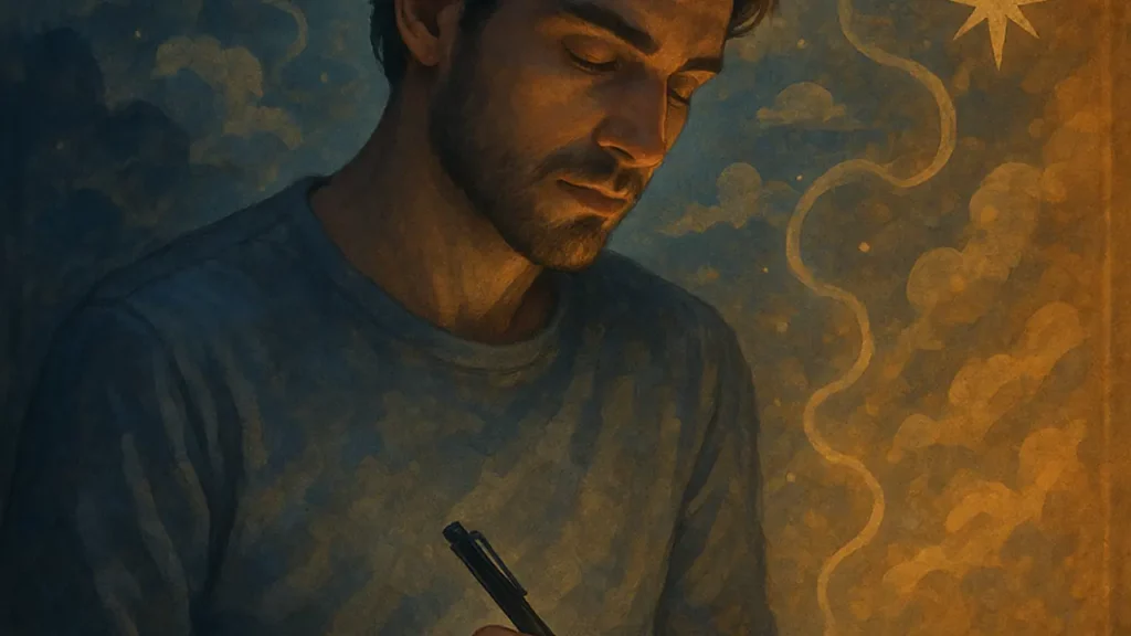 Young man writing in a dream journal, surrounded by glowing mystical symbols like a crescent moon, eye, and star in a surreal dreamlike atmosphere