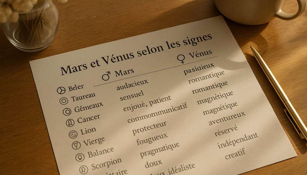 tableau des différentes expressions de Mars et Vénus selon les signes astrologiques