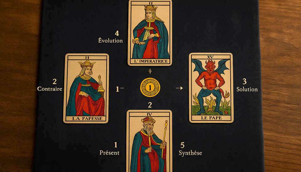 Apprenez à disposer les cartes selon la méthode du tirage en croix et à comprendre le rôle de chaque position.