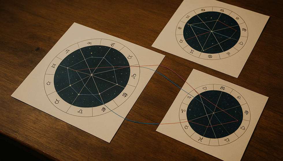 schéma illustrant les dynamiques entre trois thèmes astraux, avec aspects en tension et en harmonie