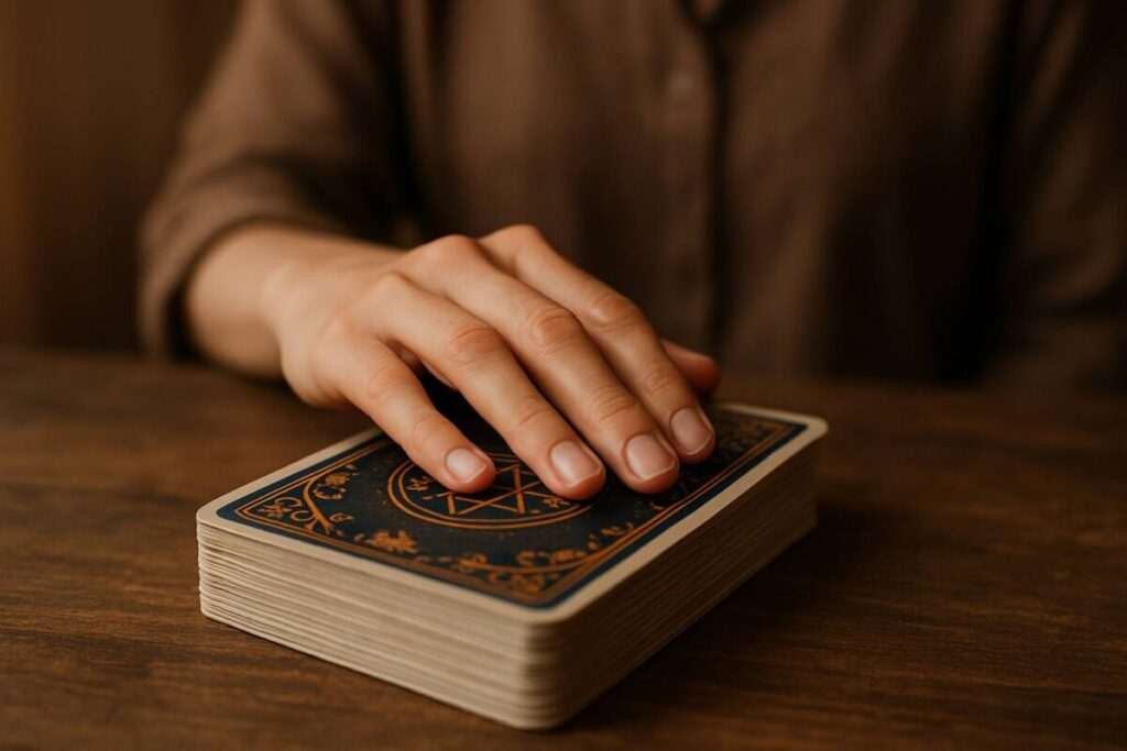 Hand resting on a closed tarot deck on a wooden table in a meditative and calm setting.