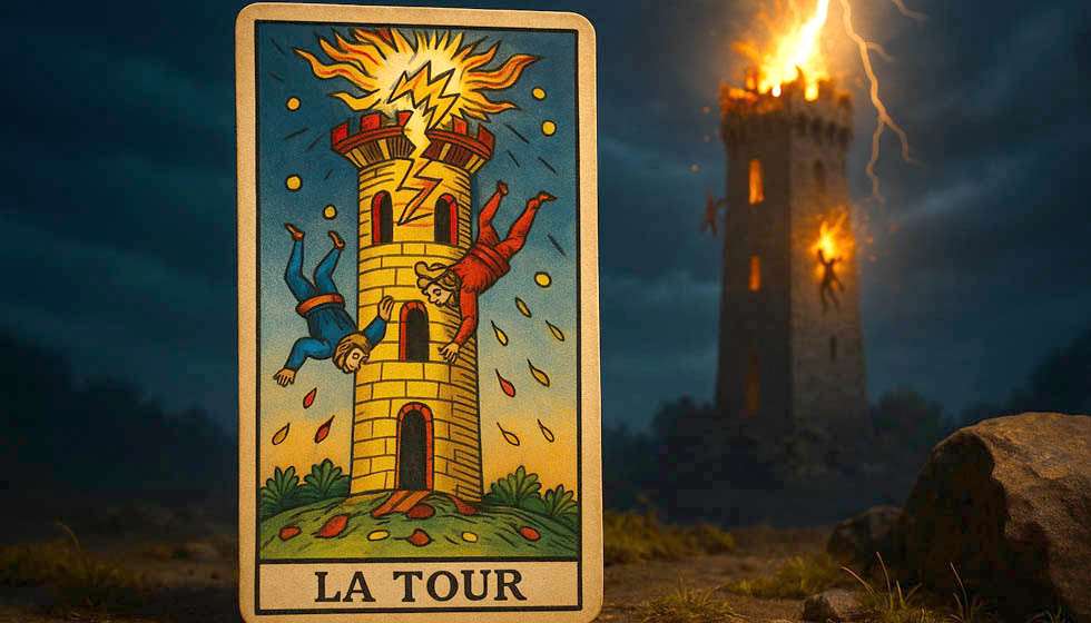 Représentation de la carte de la Tour frappée par la foudre, évocation d’un effondrement suivi d’un renouveau
