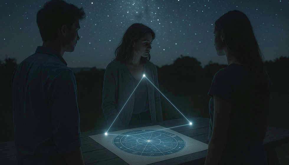 trois silhouettes reliées par des lignes astrales autour d’une carte du ciel, symbolisant une synastrie triangulaire