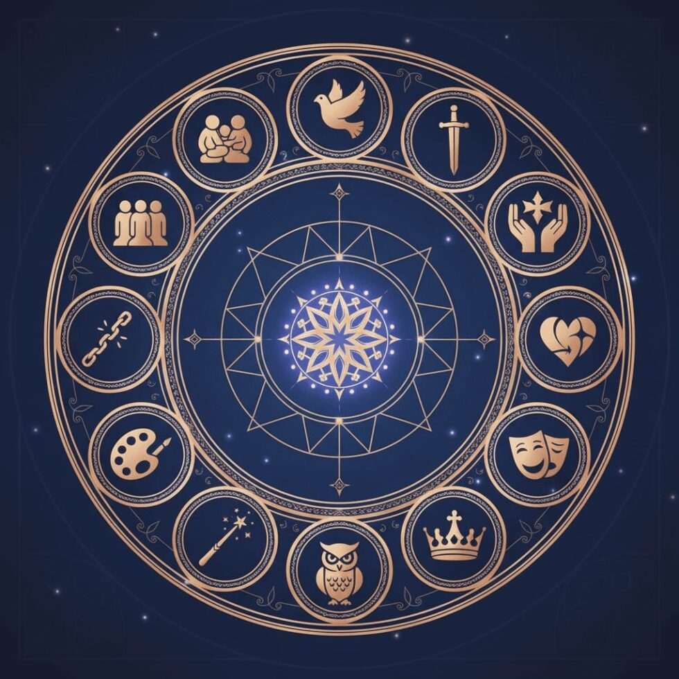 Chart showing 12 Jungian archetypes including Hero, Sage, Shadow, Lover, and Creator arranged in personality wheel