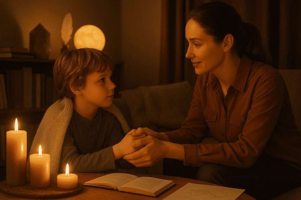 A mother holds her young son’s hands while they talk together by candlelight in a warm, peaceful room.