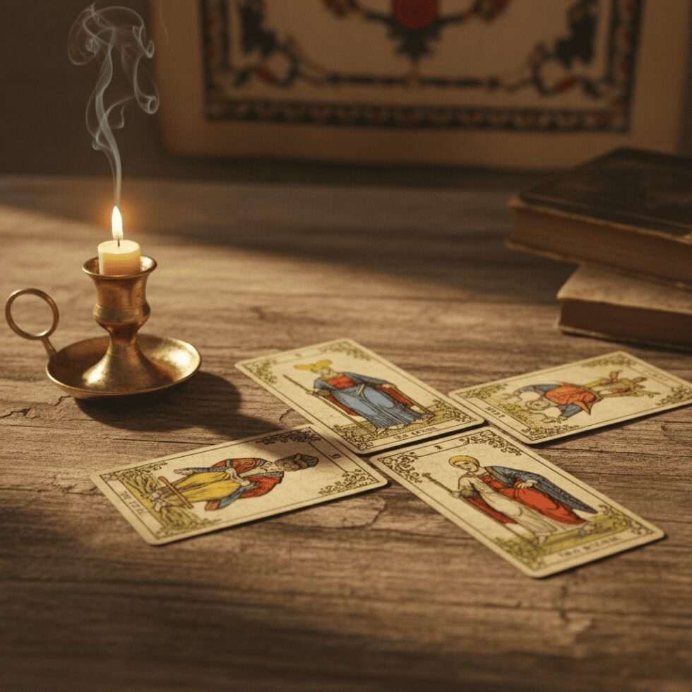Close-up of antique tarot cards on a wooden table beside a brass candleholder with soft smoke rising