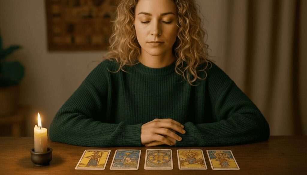 Woman with closed eyes meditating in front of five tarot cards and a lit candle on a wooden table