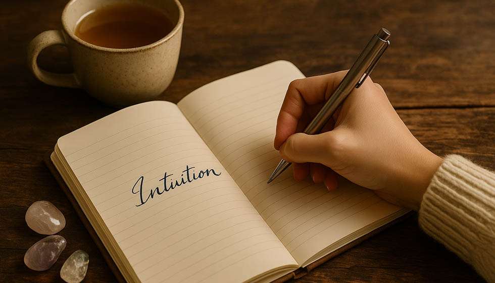 Une main féminine écrivant dans un carnet ouvert, avec une tasse de thé à côté et des pierres naturelles autour