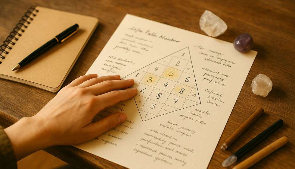 Main posée sur une carte numérologique avec des chiffres surlignés et annotations 