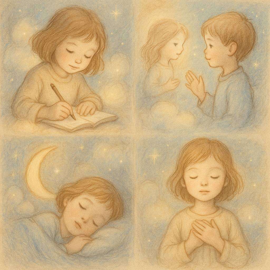 Soft pastel illustration of children writing, talking, dreaming, and meditating among stars and clouds, symbolizing imagination and spiritual connection.