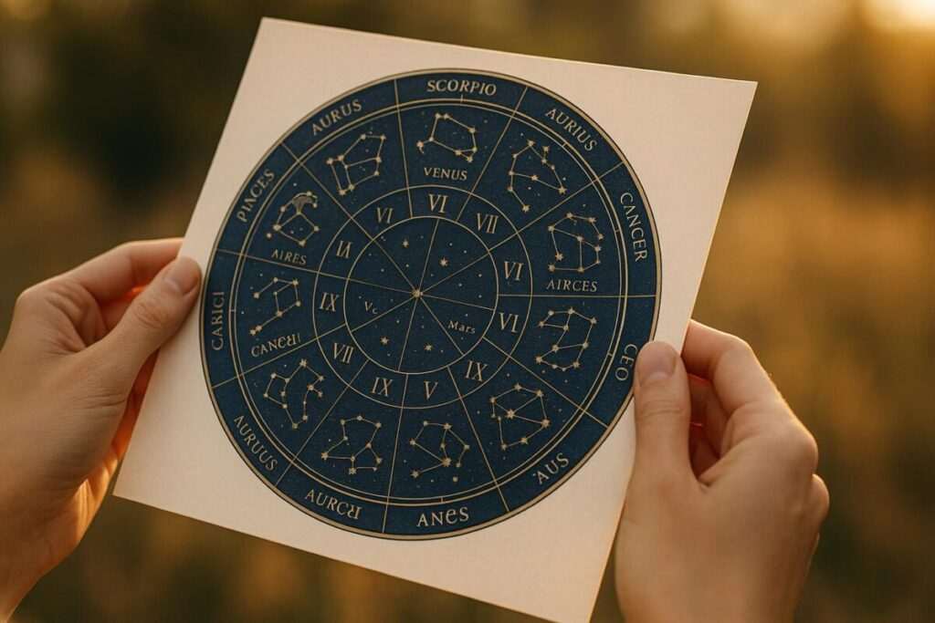 Close-up of two hands holding an elegant printed zodiac chart with constellations and planets, illuminated by golden sunset light outdoors.