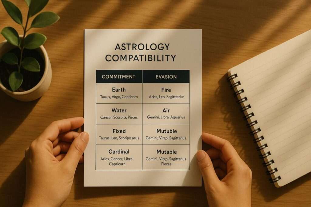 Astrology compatibility chart comparing signs that evade or seek commitment