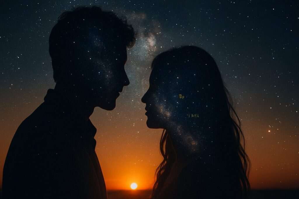 Silhouette of a man and woman facing each other beneath a starry night sky and glowing sunset, symbolizing karmic love and cosmic connection.