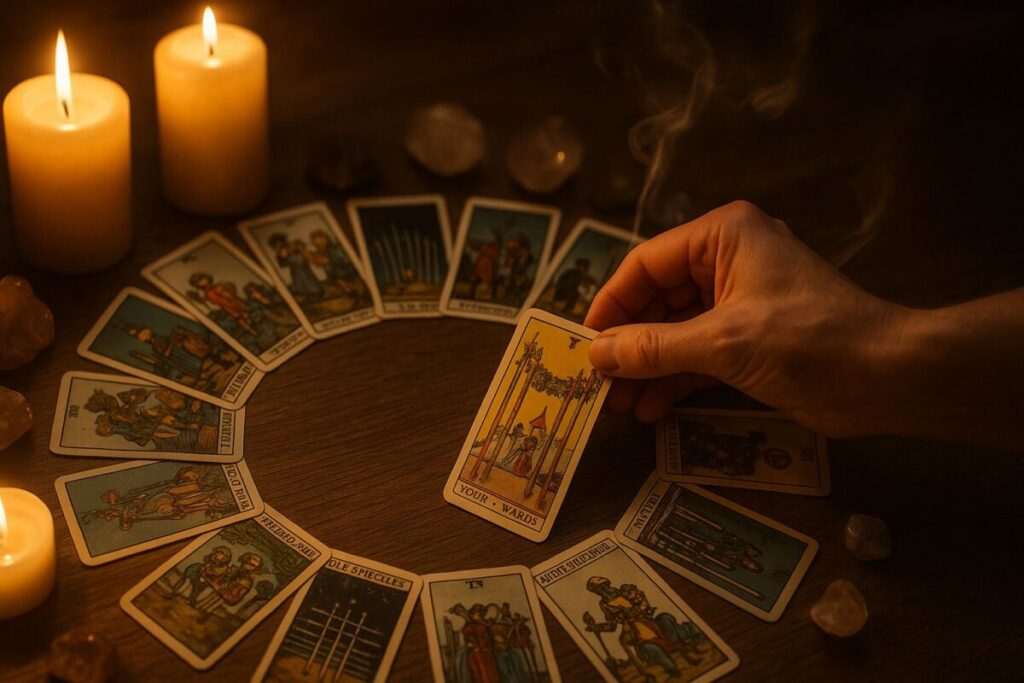 Top-down view of a hand pulling a Minor Arcana tarot card from a circular spread on a wooden table with candles, crystals, and incense smoke.