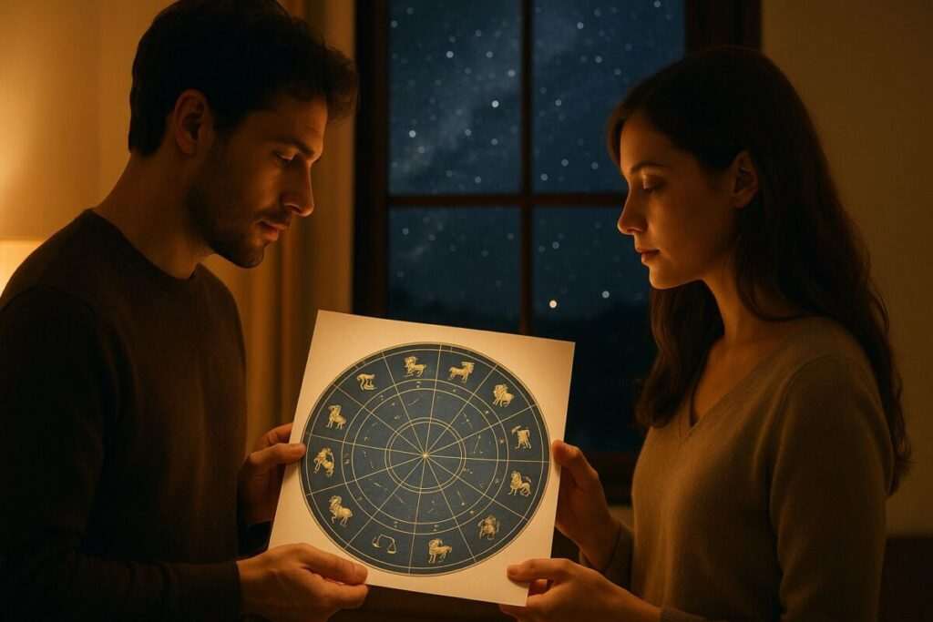 Couple studying a printed astrology birth chart together at night
